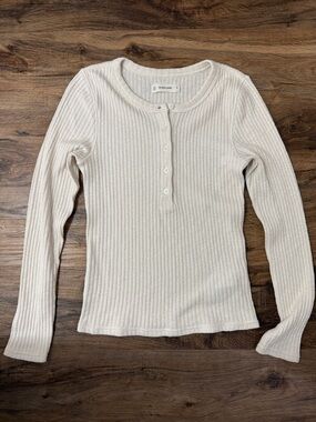 Everlane Women’s Ivory Ecru Ribbed Henley Long Sleeve Top Cotton Blend - M